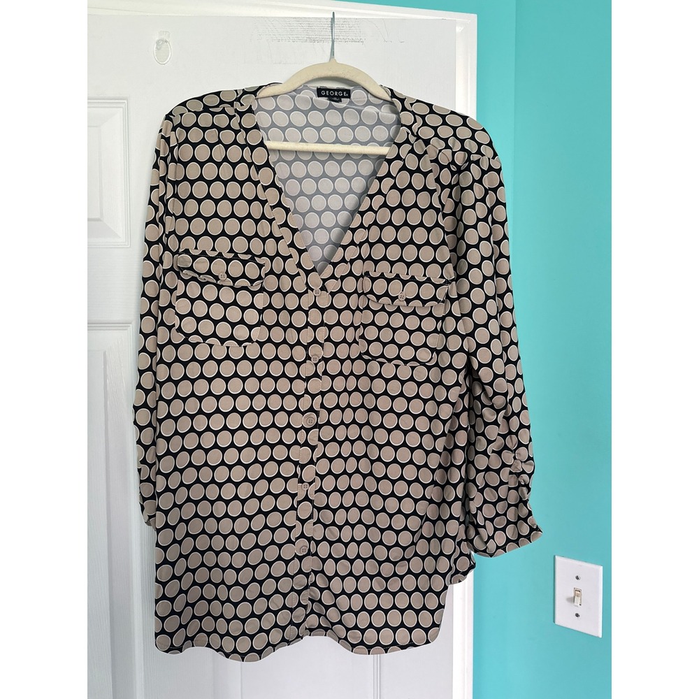 George Womens Polka Dot Button Down Blouse Tan Black XXL 20 Long Sleeve Pockets